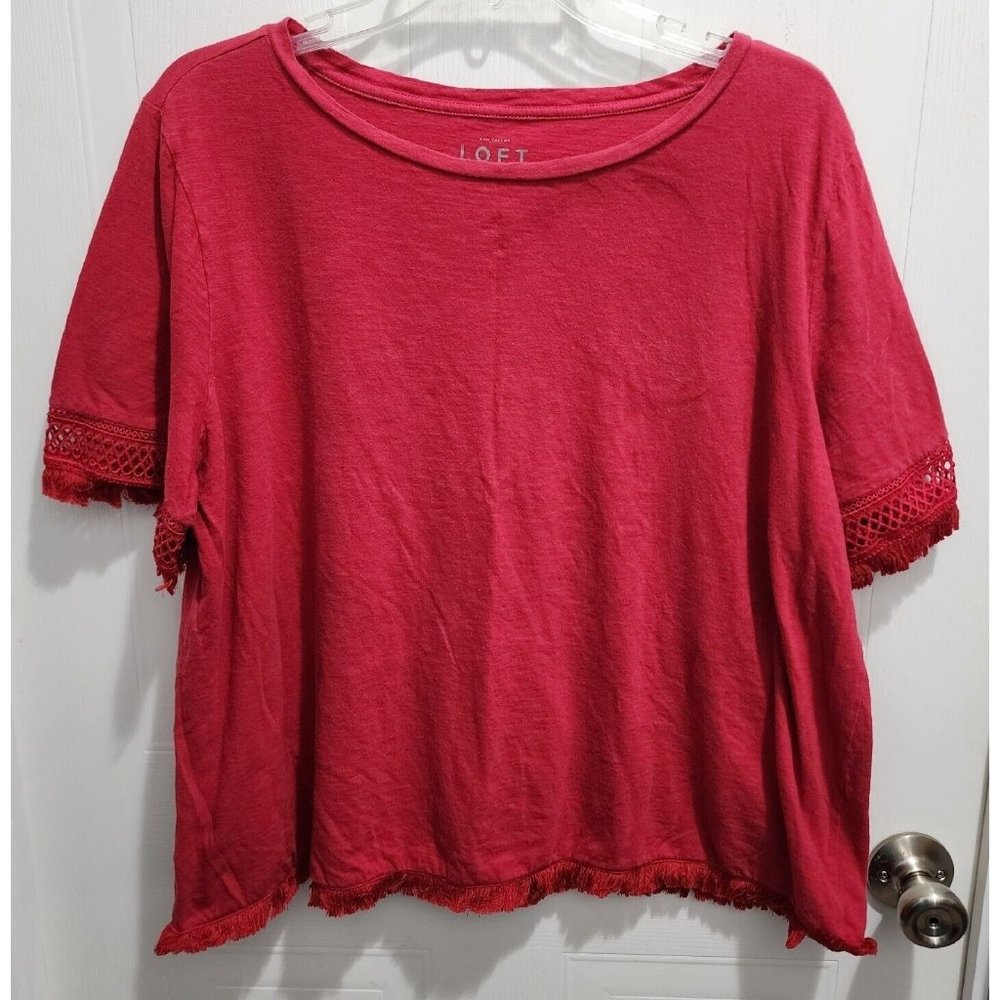 Ann Taylor Loft Women's Short Sleeve Topโ Shirt Fringe Woven Red Size XL
